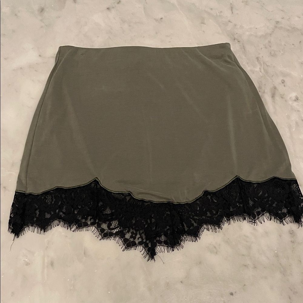 Express Olive Mini Skirt with Black Lace Trim